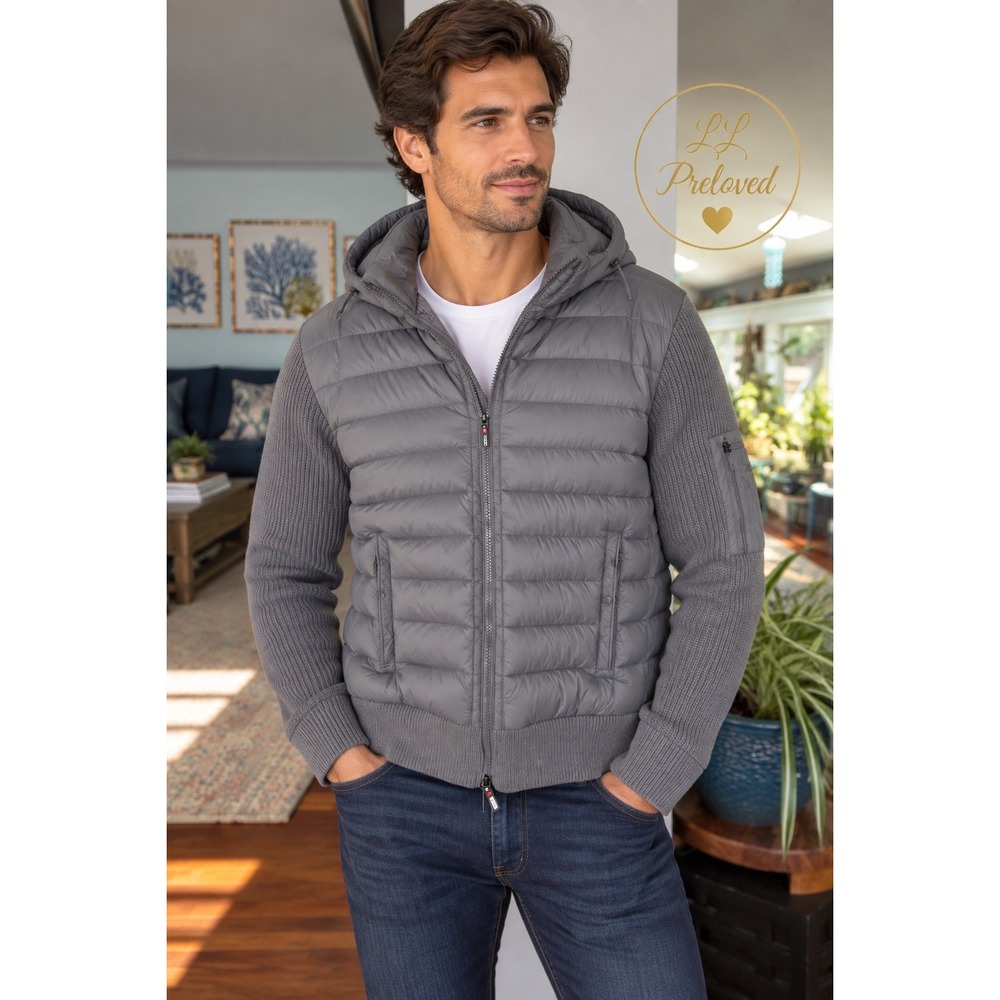 Canada Weathergear Puffer Hybrid Jacket Mens XL Grey Hooded Knit Sleeve Gorpcore